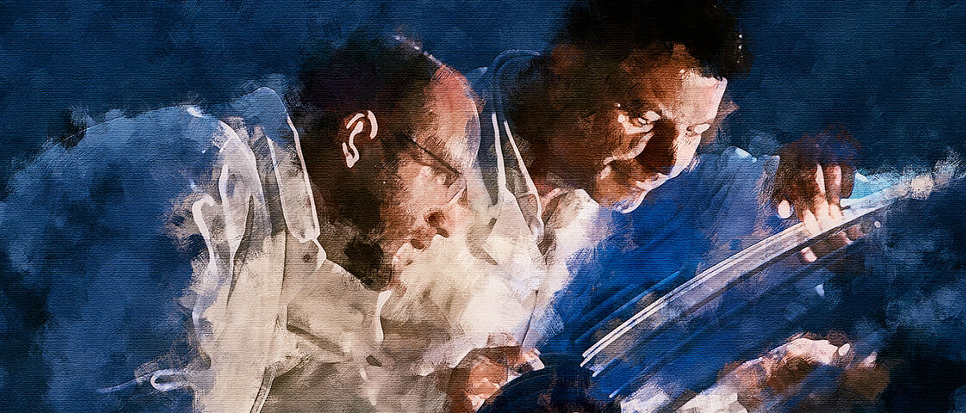 artful drawing of two RENA engineers leaning over innovativ RENA machine