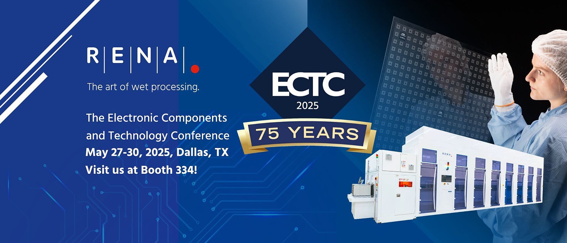 ECTC 2025 Website Banner RENA Technologies ECTC 2025 Glass Processing Machines Person holding TGV Panel